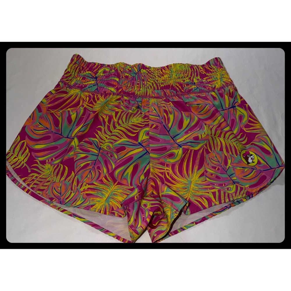 Buc-ee's Shorts Womens Medium Pink Tropical Leaf Smocked Running Athletic